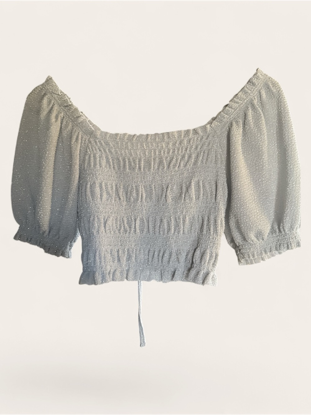Urban Outfitters Silver Shimmer Off-Shoulder Smocked Crop Top